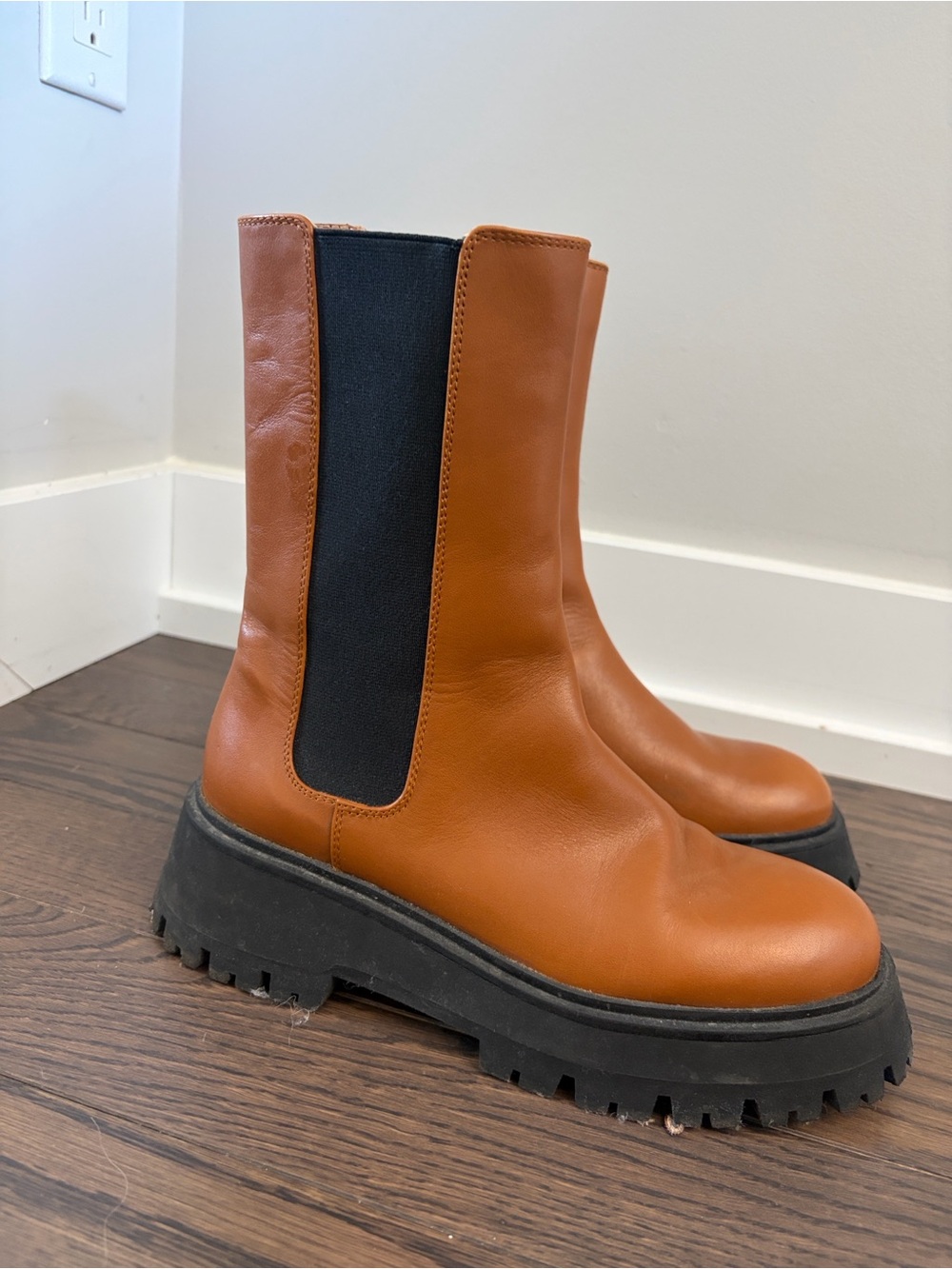 Zara Chestnut Brown Chelsea Lug Ankle Boots with Black Panels